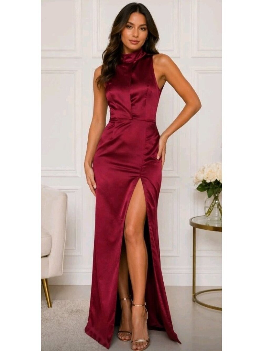 New Pretty Little Thing Sleeveless Satin Dress Gown Evening Slit Thigh Size 2